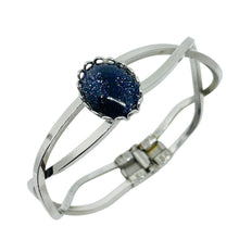 Load image into Gallery viewer, Vintage silver tone navy sparkle glass cabochon designer clamper bracelet
