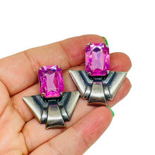 Load image into Gallery viewer, Vintage silver tone pink glass modernist designer clip on earrings
