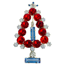 Load image into Gallery viewer, Vintage silver tone ruby red blue glass Christmas tree designer brooch
