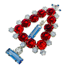 Load image into Gallery viewer, Vintage silver tone ruby red blue glass Christmas tree designer brooch
