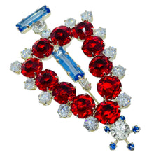 Load image into Gallery viewer, Vintage silver tone ruby red blue glass Christmas tree designer brooch
