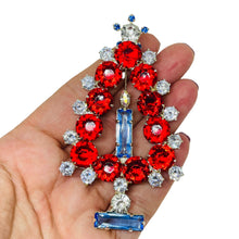 Load image into Gallery viewer, Vintage silver tone ruby red blue glass Christmas tree designer brooch
