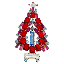 Load image into Gallery viewer, Vintage silver tone ruby red blue pink glass Christmas tree designer brooch
