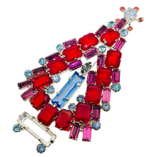 Load image into Gallery viewer, Vintage silver tone ruby red blue pink glass Christmas tree designer brooch
