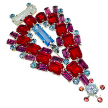 Load image into Gallery viewer, Vintage silver tone ruby red blue pink glass Christmas tree designer brooch
