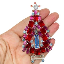 Load image into Gallery viewer, Vintage silver tone ruby red blue pink glass Christmas tree designer brooch
