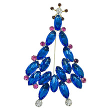 Load image into Gallery viewer, Vintage silver tone sapphire blue pink glass Christmas tree designer brooch
