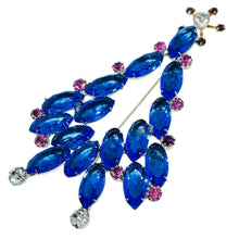 Load image into Gallery viewer, Vintage silver tone sapphire blue pink glass Christmas tree designer brooch
