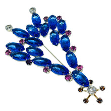 Load image into Gallery viewer, Vintage silver tone sapphire blue pink glass Christmas tree designer brooch
