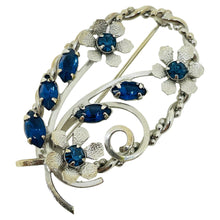 Load image into Gallery viewer, Vintage silver tone sapphire blue rhinestones flower designer brooch
