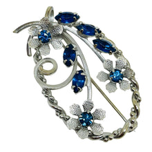 Load image into Gallery viewer, Vintage silver tone sapphire blue rhinestones flower designer brooch
