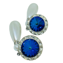 Load image into Gallery viewer, Vintage silver tone sapphire glass rhinestones dangle pearl designer earrings
