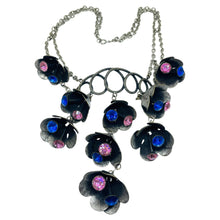Load image into Gallery viewer, Vintage silver tone sapphire pink rhinestones flower bells designer necklace
