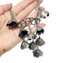 Load image into Gallery viewer, Vintage silver tone sapphire pink rhinestones flower bells designer necklace
