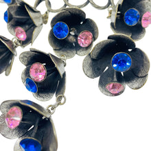 Load image into Gallery viewer, Vintage silver tone sapphire pink rhinestones flower bells designer necklace
