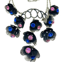 Load image into Gallery viewer, Vintage silver tone sapphire pink rhinestones flower bells designer necklace
