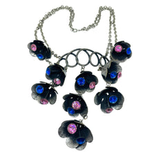 Load image into Gallery viewer, Vintage silver tone sapphire pink rhinestones flower bells designer necklace
