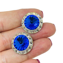Load image into Gallery viewer, Vintage silver tone sapphire rivoli glass rhinestones designer post earrings
