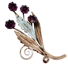 Load image into Gallery viewer, Vintage sterling silver amethyst glass large designer flower brooch
