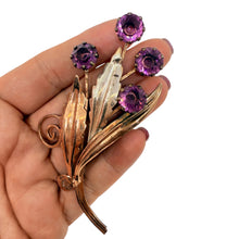 Load image into Gallery viewer, Vintage sterling silver amethyst glass large designer flower brooch
