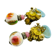 Load image into Gallery viewer, Vintage unique gold glass unsigned designer drop clip on earrings
