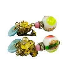 Load image into Gallery viewer, Vintage unique gold glass unsigned designer drop clip on earrings

