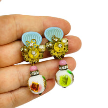 Load image into Gallery viewer, Vintage unique gold glass unsigned designer drop clip on earrings
