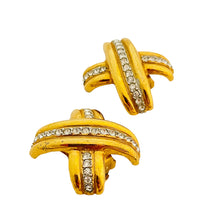 Load image into Gallery viewer, Vtg ESSEX gold rhinestone designer runway clip on earrings
