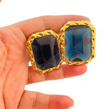 Load image into Gallery viewer, Vtg LES BERNARD gold sapphire glass massive earrings designer runway
