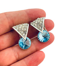Load image into Gallery viewer, Vtg MADE IN USA silver topaz glass clip on earrings designer runway
