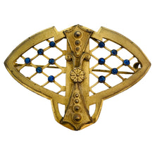 Load image into Gallery viewer, Vtg bronze gold sapphire rhinestones designer brooch
