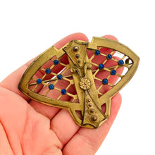Load image into Gallery viewer, Vtg bronze gold sapphire rhinestones designer brooch
