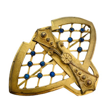 Load image into Gallery viewer, Vtg bronze gold sapphire rhinestones designer brooch
