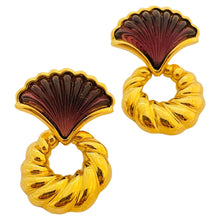 Load image into Gallery viewer, Vtg gold amethyst glass dangle earrings designer runway
