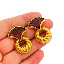 Load image into Gallery viewer, Vtg gold amethyst glass dangle earrings designer runway
