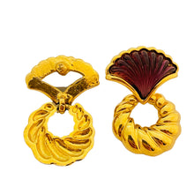 Load image into Gallery viewer, Vtg gold amethyst glass dangle earrings designer runway
