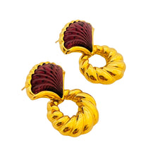Load image into Gallery viewer, Vtg gold amethyst glass dangle earrings designer runway
