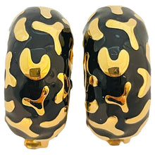 Load image into Gallery viewer, Vtg gold black enamel hoop clip on earrings designer runway

