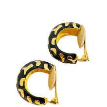Load image into Gallery viewer, Vtg gold black enamel hoop clip on earrings designer runway
