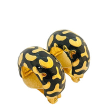 Load image into Gallery viewer, Vtg gold black enamel hoop clip on earrings designer runway
