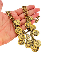 Load image into Gallery viewer, Vtg gold coin charm chain necklace designer runway
