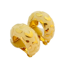 Load image into Gallery viewer, Vtg gold cream enamel hoop clip on earrings designer runway
