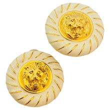 Load image into Gallery viewer, Vtg gold enamel lions head massive clip on earrings designer runway
