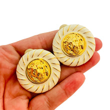 Load image into Gallery viewer, Vtg gold enamel lions head massive clip on earrings designer runway
