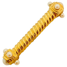 Load image into Gallery viewer, Vtg gold pearl bar designer runway brooch
