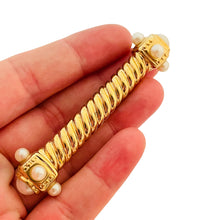 Load image into Gallery viewer, Vtg gold pearl bar designer runway brooch
