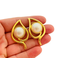 Load image into Gallery viewer, Vtg gold pearl leaf pierced earrings designer runway
