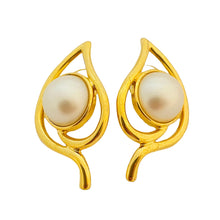 Load image into Gallery viewer, Vtg gold pearl leaf pierced earrings designer runway
