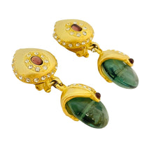 Load image into Gallery viewer, Vtg gold rhinestone glass dangle clip on earrings designer runway
