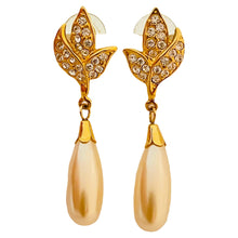 Load image into Gallery viewer, Vtg gold rhinestone pearl drop earrings designer runway
